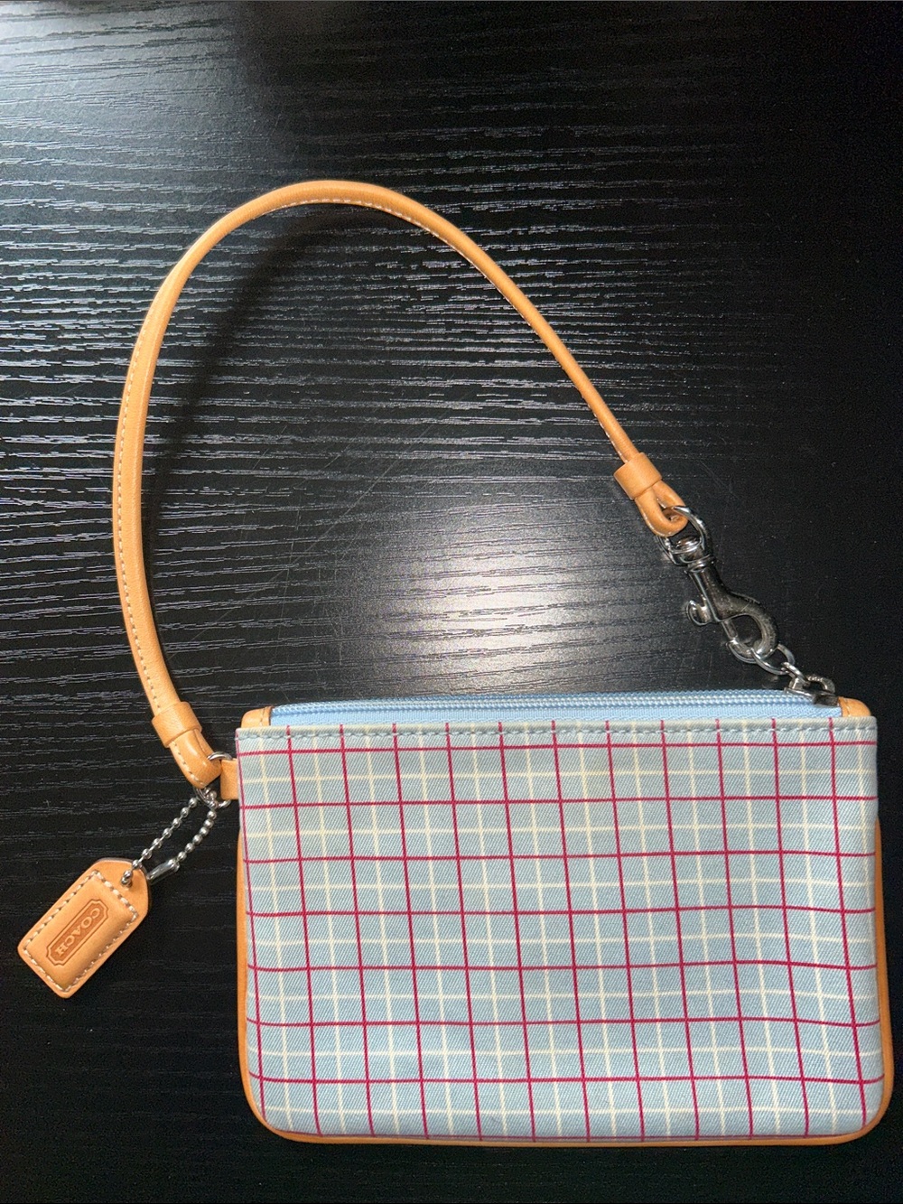 Coach Plaid Wristlet in Light Blue, Red & Tan